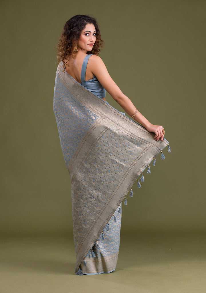 Light Grey Zariwork Brocade Saree-Koskii