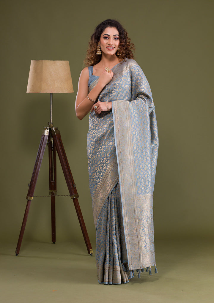 Light Grey Zariwork Brocade Saree-Koskii