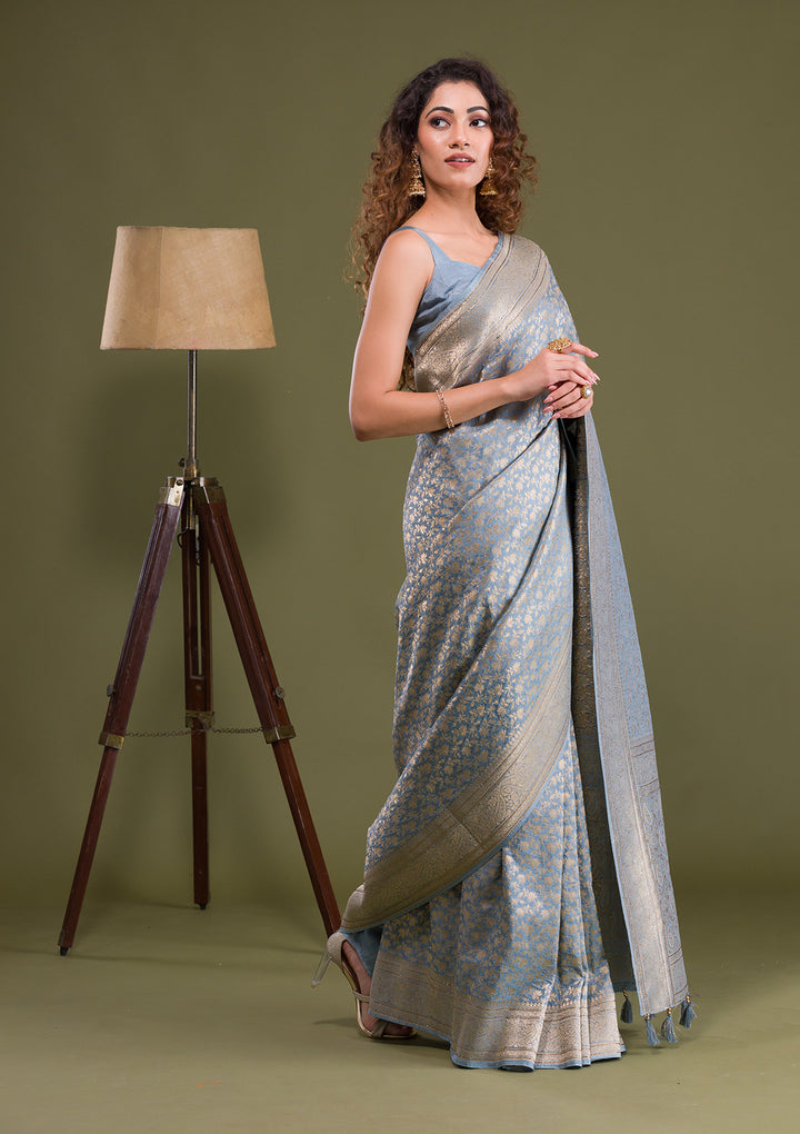 Light Grey Zariwork Brocade Saree-Koskii