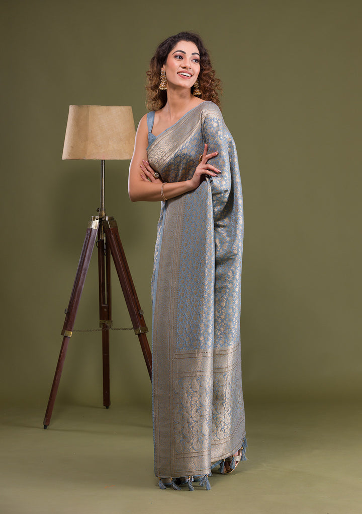 Light Grey Zariwork Brocade Saree-Koskii