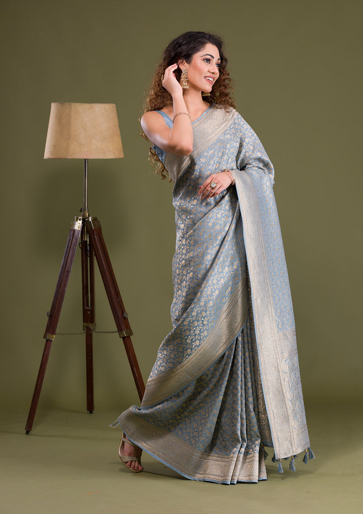 Light Grey Zariwork Brocade Saree-Koskii