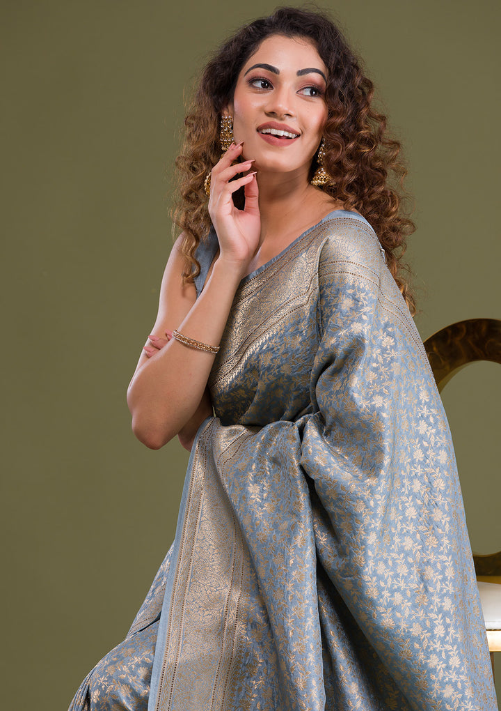 Light Grey Zariwork Brocade Saree-Koskii