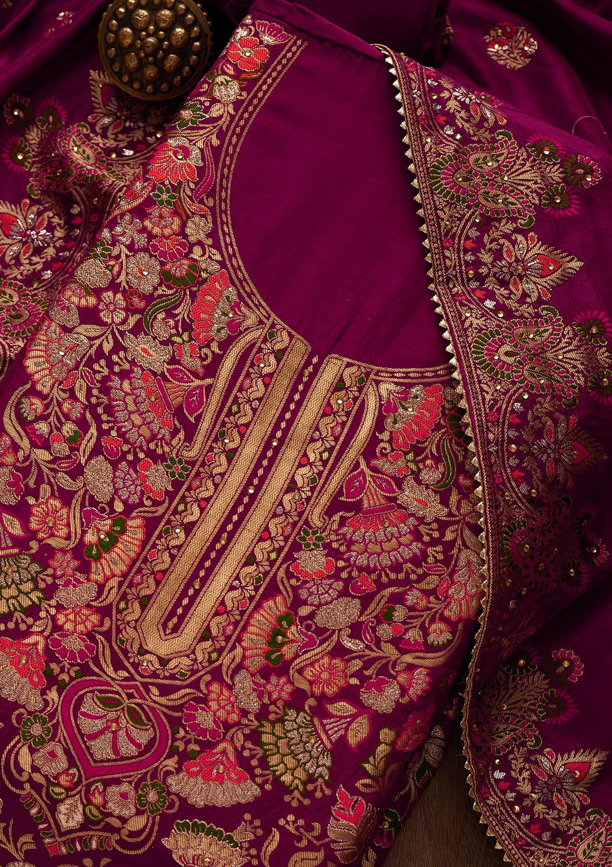 Magenta Pink Zariwork Art Silk Designer Unstitched Salwar Suit - Koskii