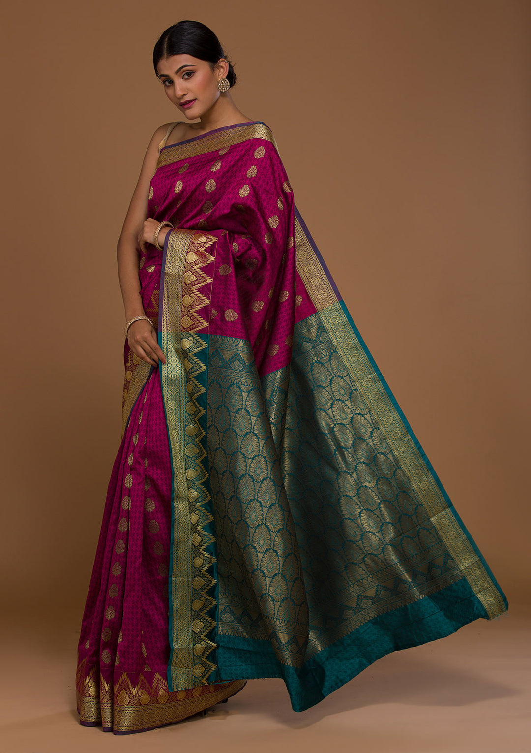 Magenta Pink Zariwork Art Silk Saree-Koskii