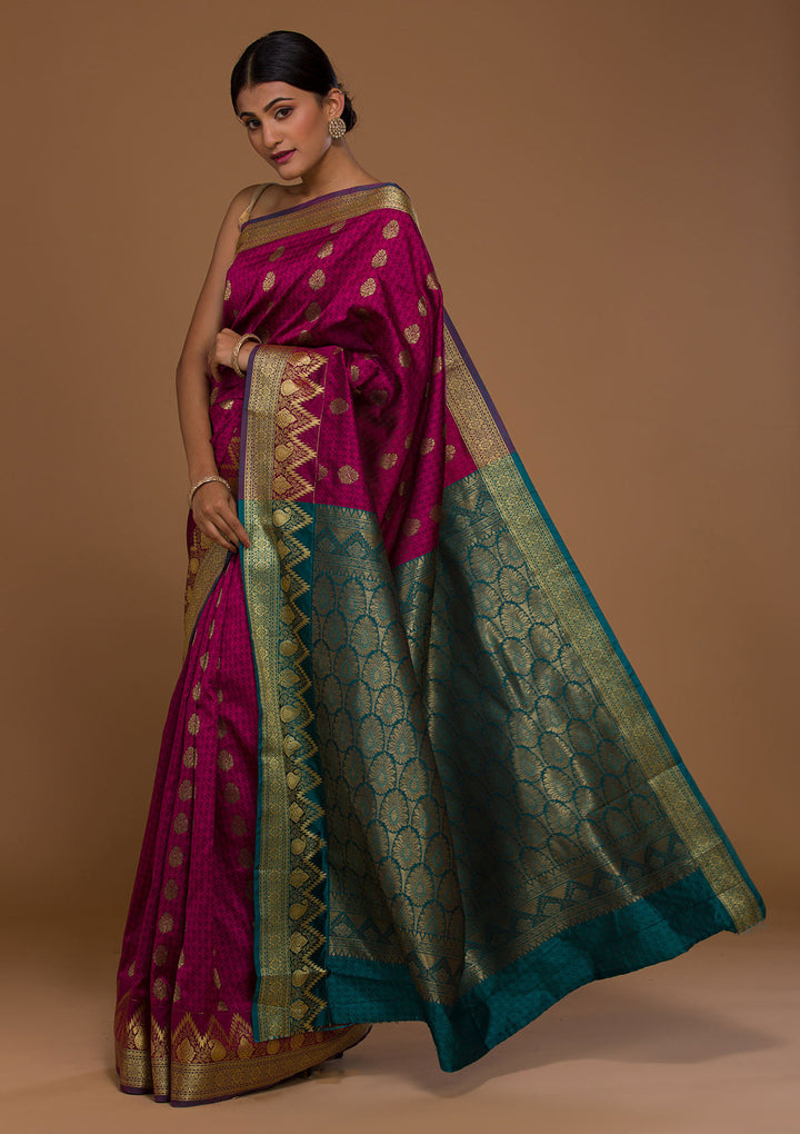 Magenta Pink Zariwork Art Silk Saree-Koskii