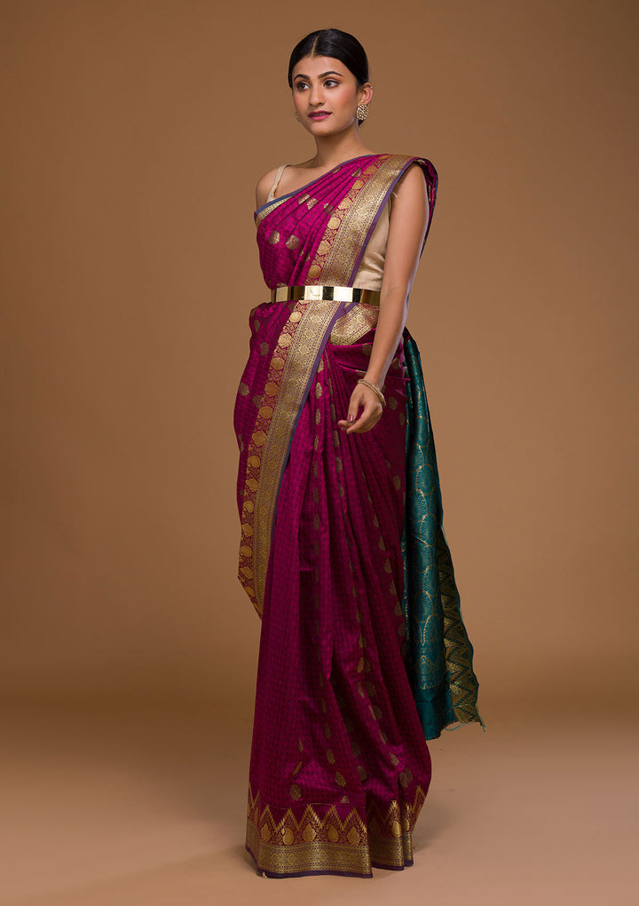 Magenta Pink Zariwork Art Silk Saree-Koskii