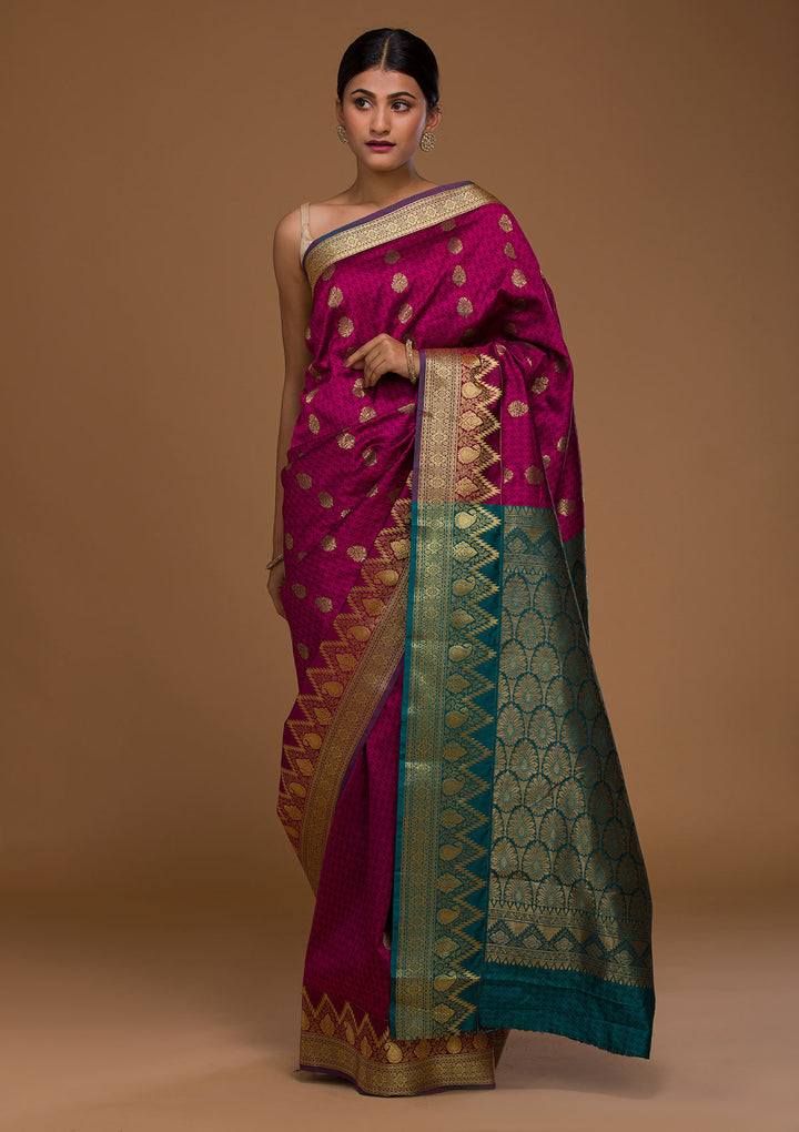 Magenta Pink Zariwork Art Silk Saree-Koskii