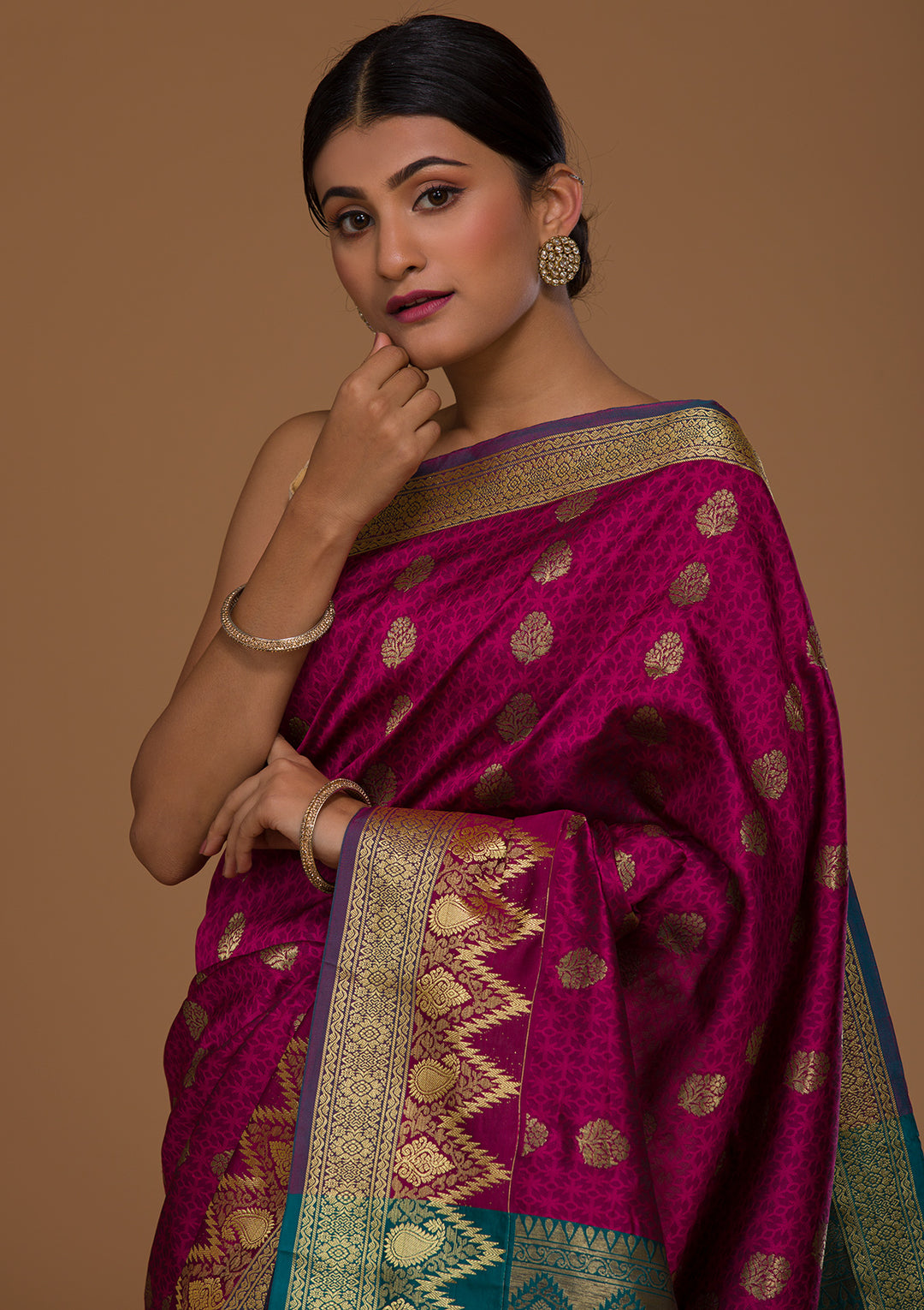 Magenta Pink Zariwork Art Silk Saree-Koskii