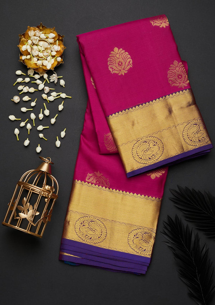 Magenta Pink Zariwork Pure Silk Designer Saree - Koskii