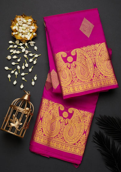 Magenta Pink Zariwork Pure Silk Designer Saree - Koskii