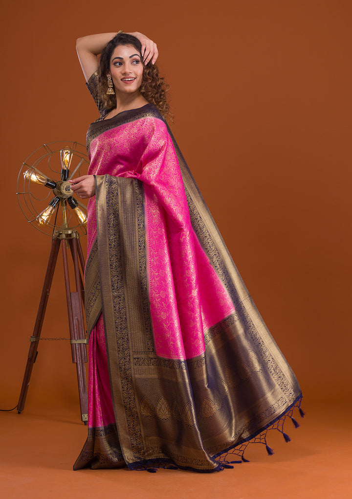 Magenta Pink Zariwork Banarasi Saree-Koskii