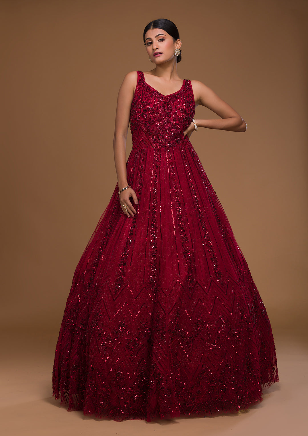 Maroon Cutdana Net Designer Gown-Koskii
