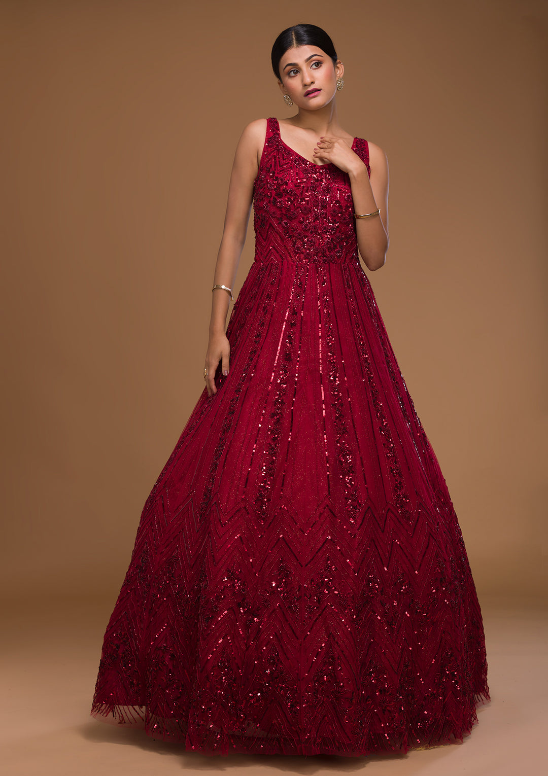 Maroon Cutdana Net Designer Gown-Koskii