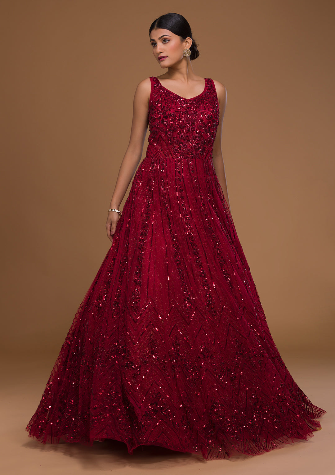 Maroon Cutdana Net Designer Gown-Koskii