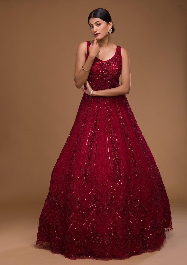 Maroon Cutdana Net Designer Gown-Koskii