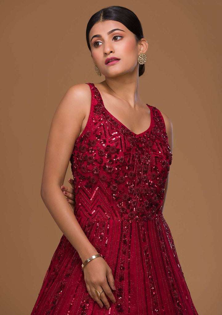 Maroon Cutdana Net Designer Gown-Koskii