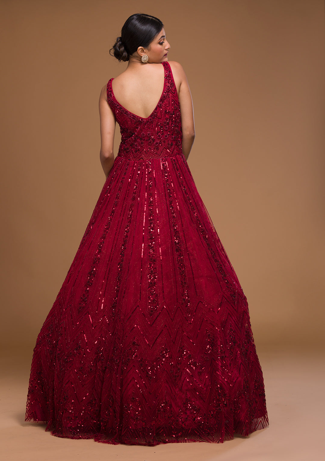 Maroon Cutdana Net Designer Gown-Koskii