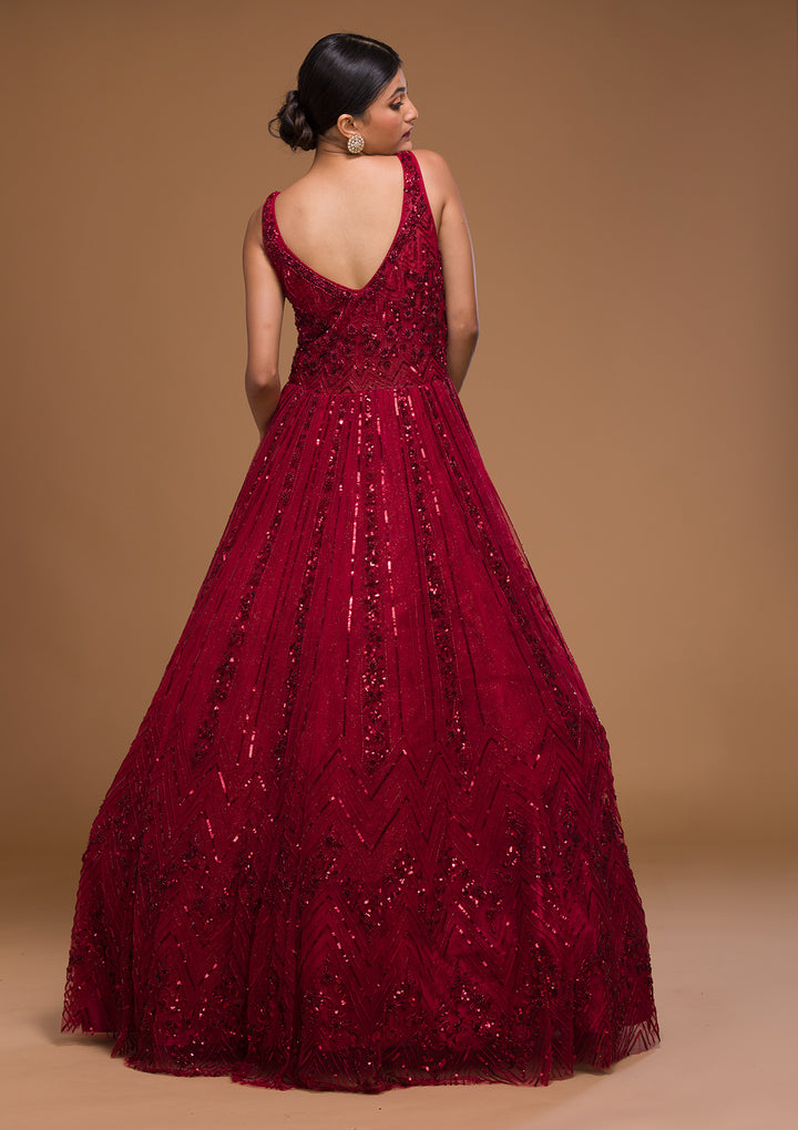 Maroon Cutdana Net Designer Gown-Koskii