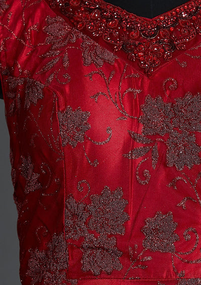 Maroon Glitter Net Designer Gown - Koskii