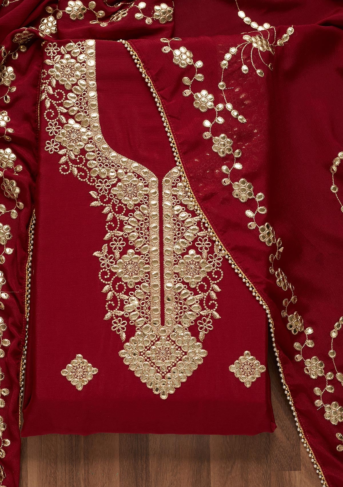 Maroon Gotapatti Semi Crepe Unstitched Salwar Suit - Koskii