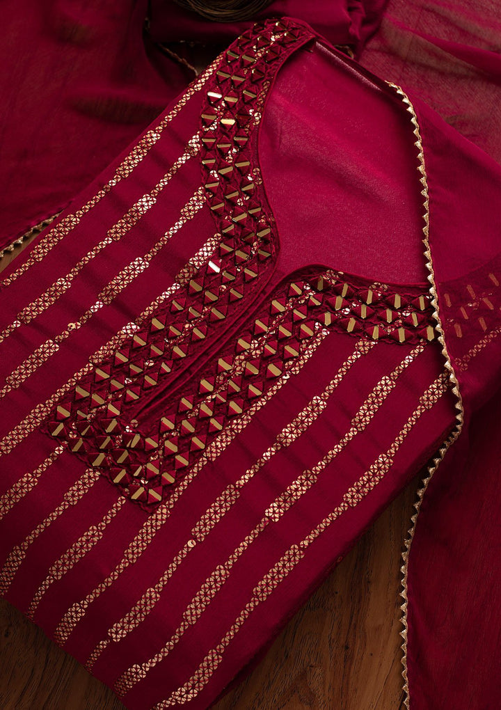 Maroon Mirrorwork Semi Crepe Designer Semi-Stitched Salwar Suit - koskii