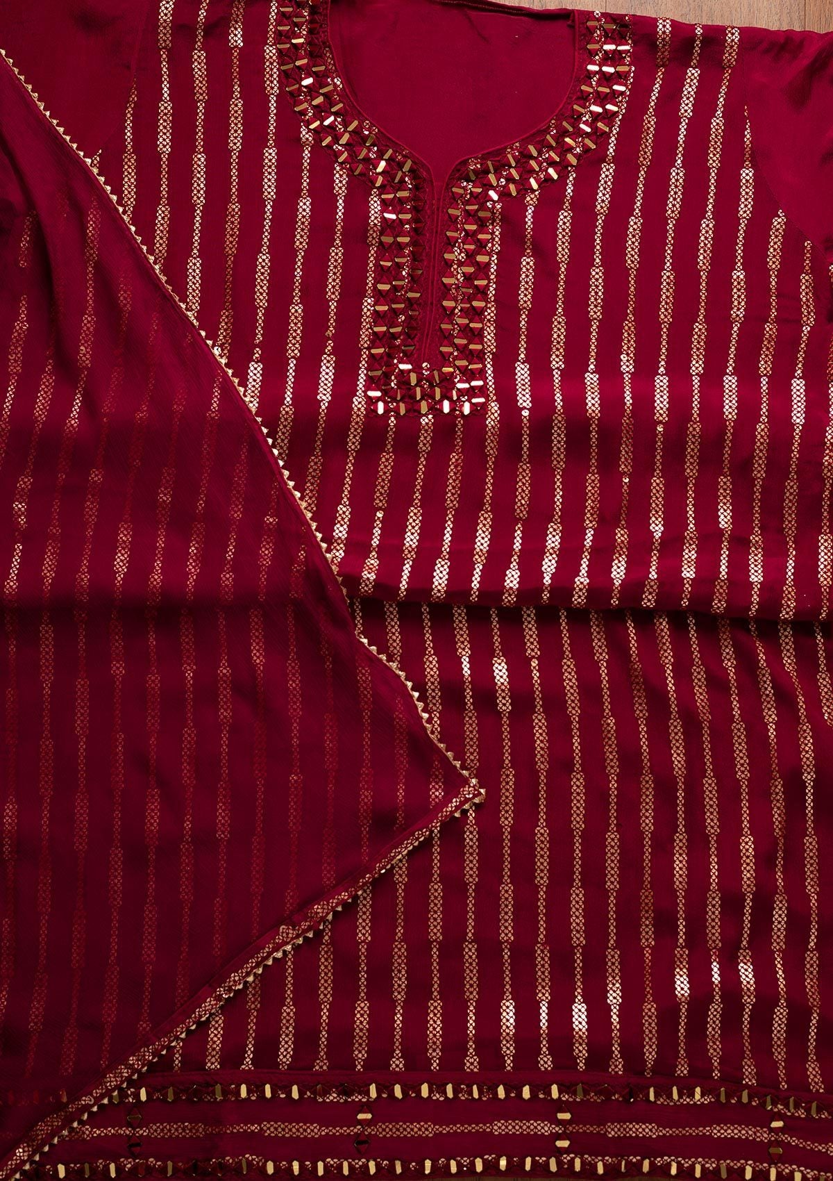 Maroon Mirrorwork Semi Crepe Designer Semi-Stitched Salwar Suit - koskii