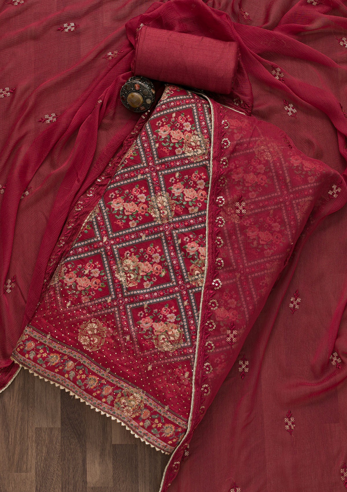 Maroon Printed Art Silk Unstitched Salwar Suit-Koskii