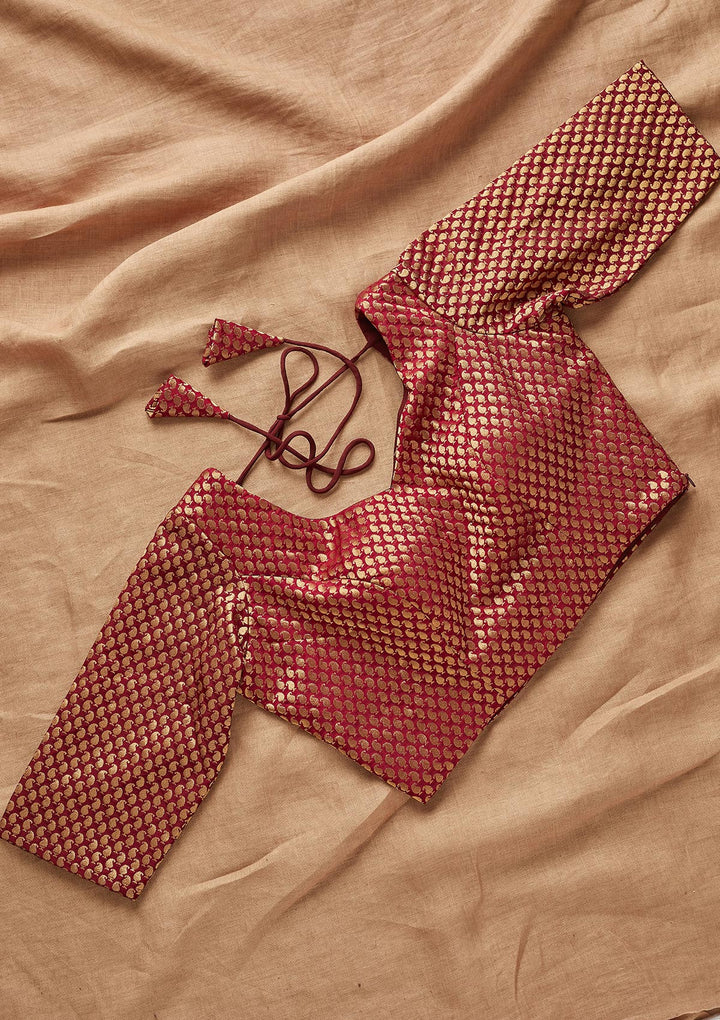 Maroon Zariwork Raw Silk Blouse- Koskii