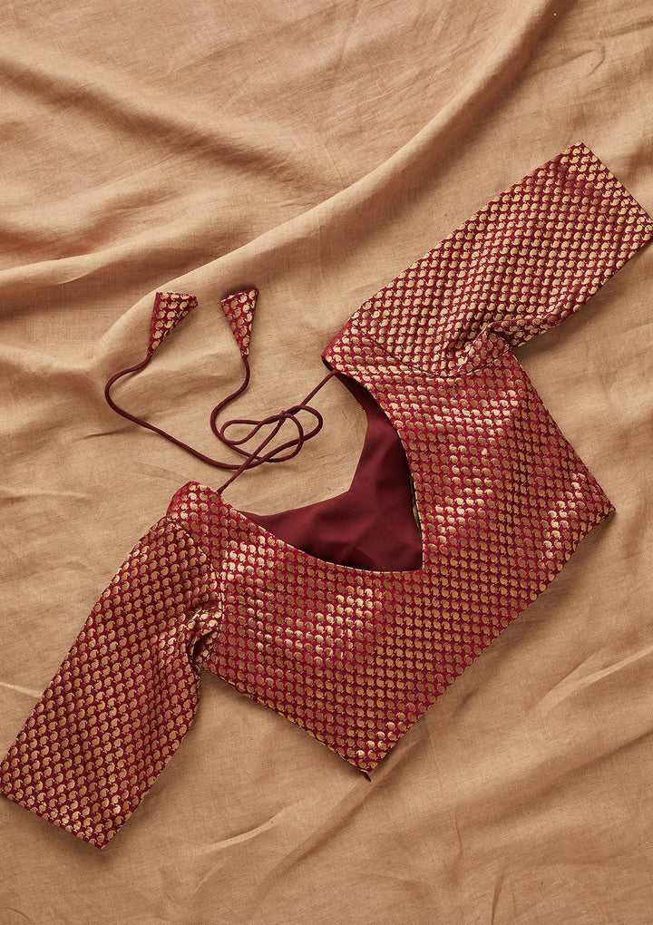 Maroon Zariwork Raw Silk Blouse - Koskii