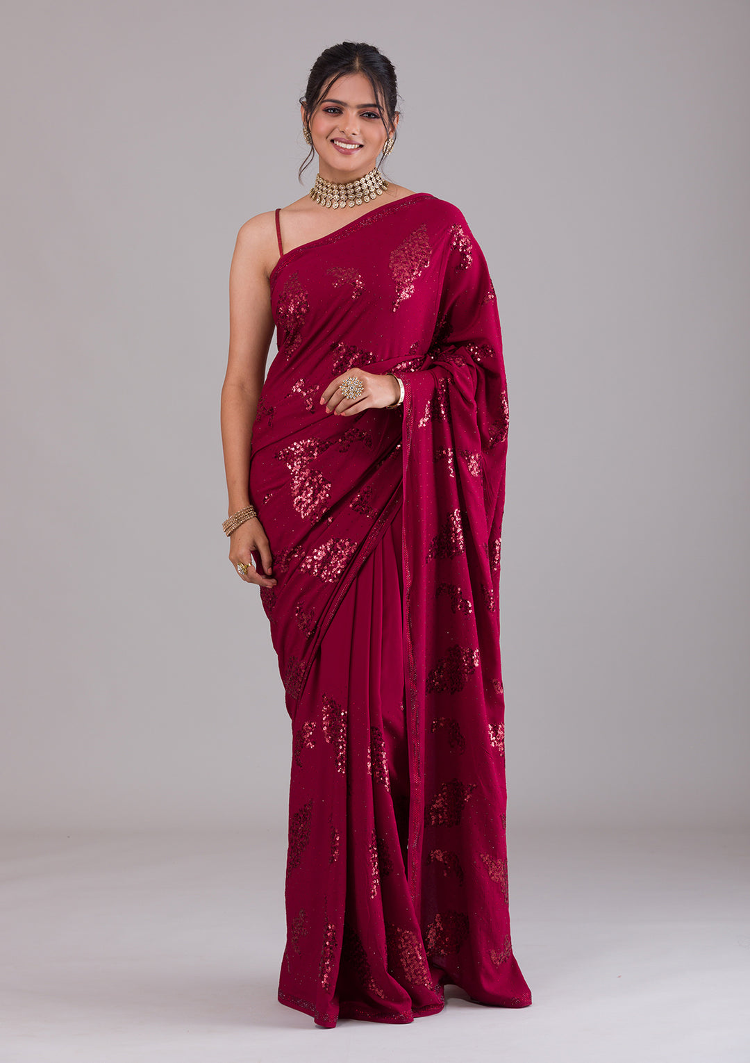 Maroon Sequins Art Silk Saree-Koskii