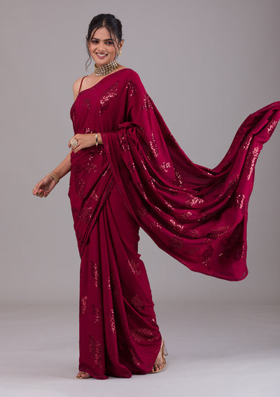 Maroon Sequins Art Silk Saree-Koskii