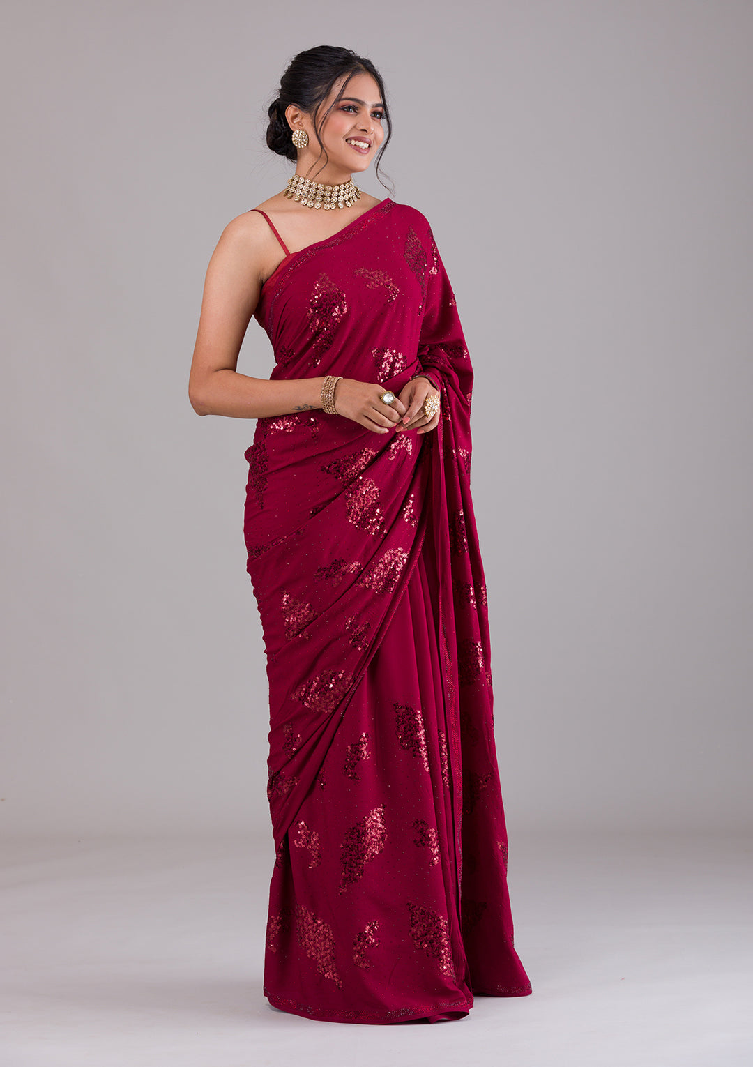 Maroon Sequins Art Silk Saree-Koskii