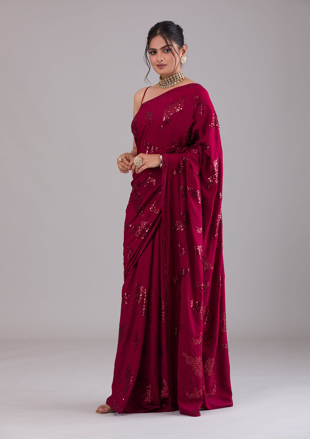 Maroon Sequins Art Silk Saree-Koskii