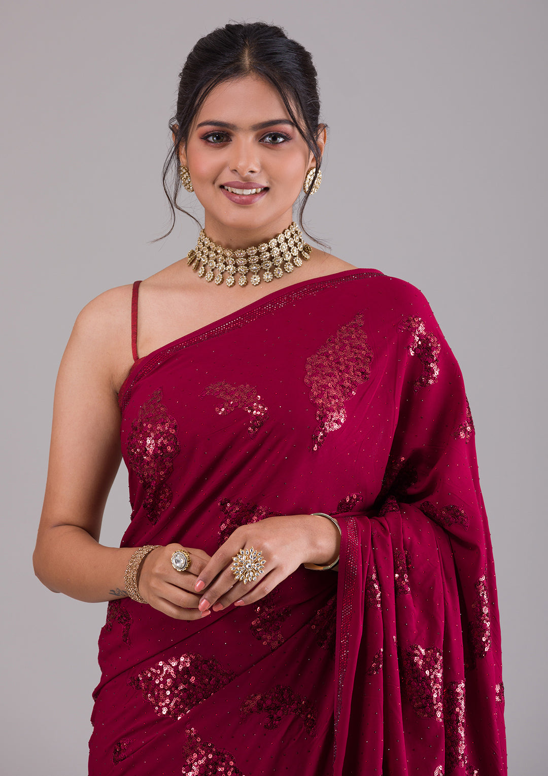 Maroon Sequins Art Silk Saree-Koskii