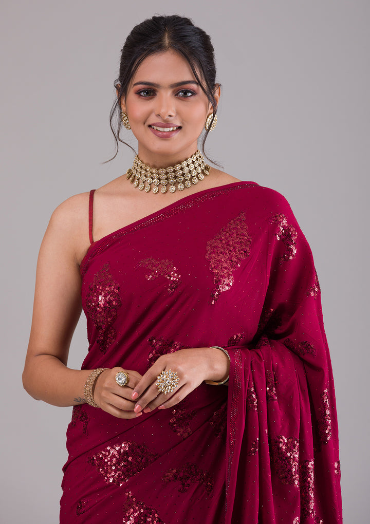 Maroon Sequins Art Silk Saree-Koskii