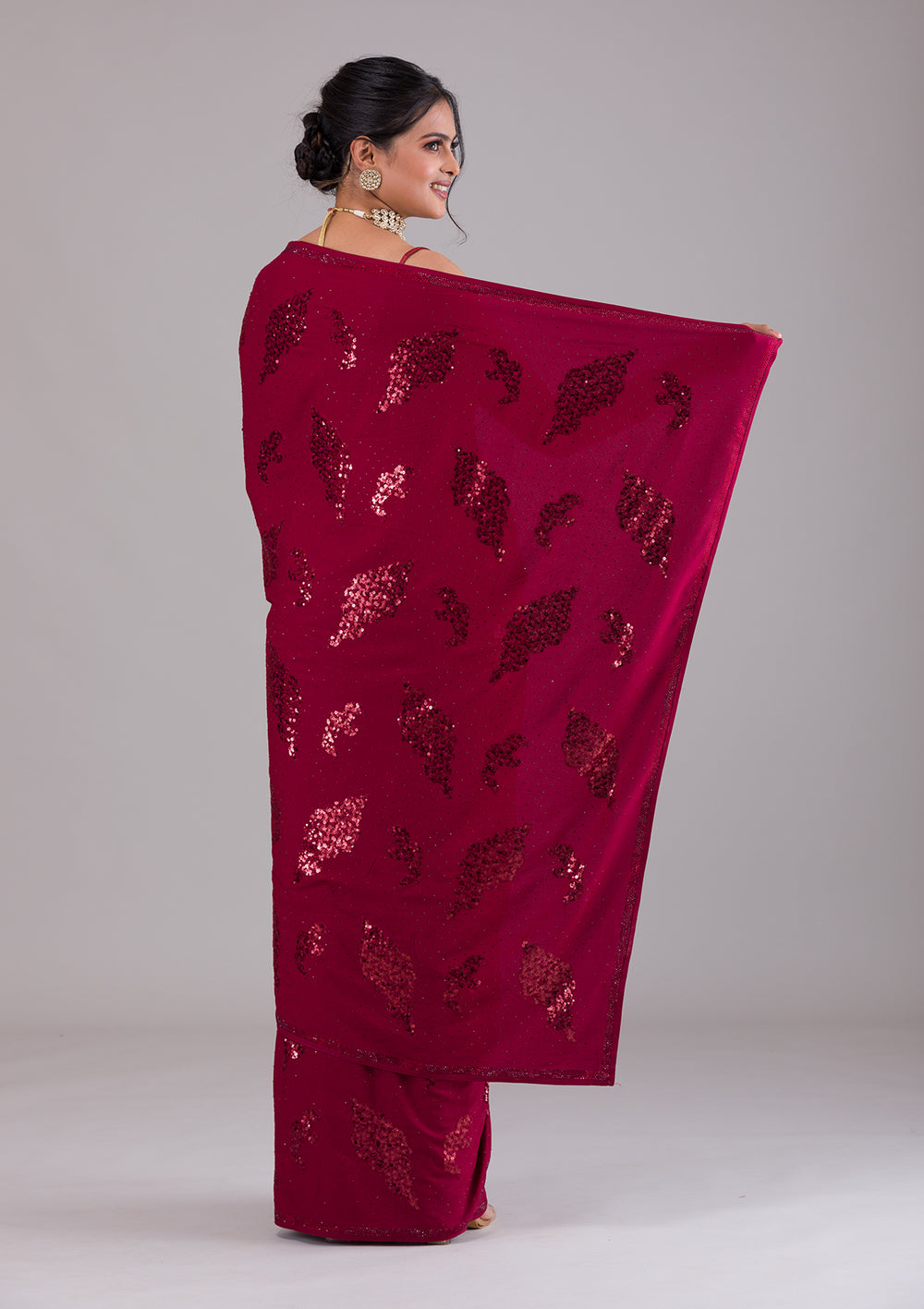 Maroon Sequins Art Silk Saree-Koskii