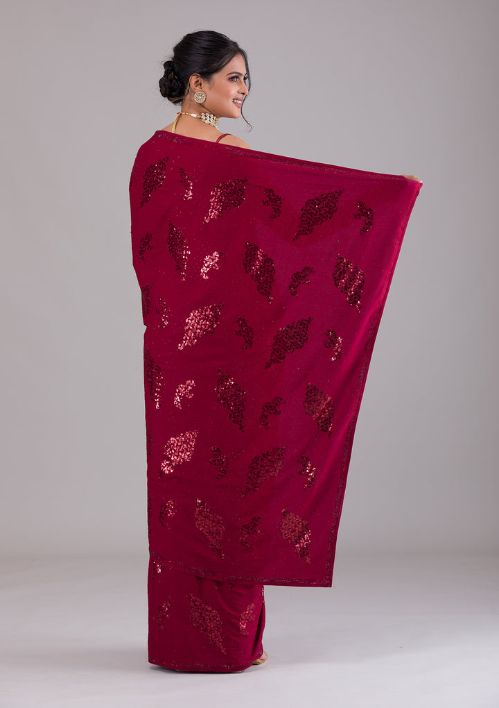 Maroon Sequins Art Silk Saree-Koskii