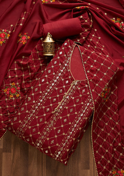Maroon Sequins Chanderi Designer Unstitched Salwar Suit - Koskii