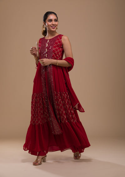 Maroon Sequins Georgette Readymade Salwar Suit-Koskii