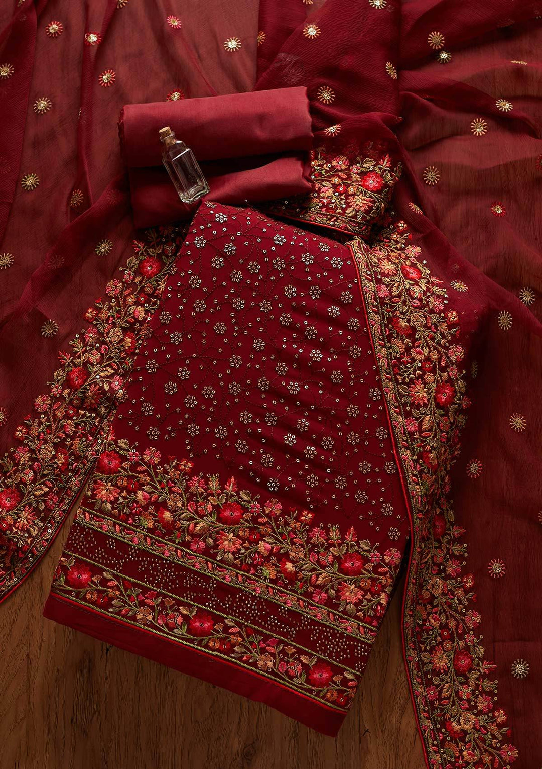 Maroon Sequins Georgette Designer Unstitched Salwar Suit - koskii