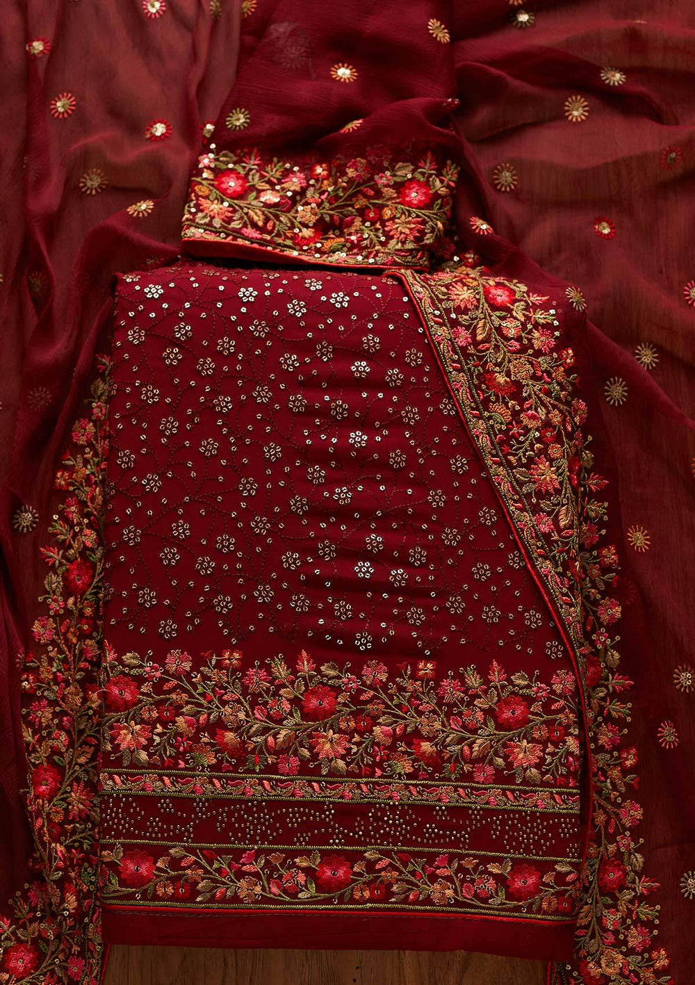 Maroon Sequins Georgette Designer Unstitched Salwar Suit - koskii