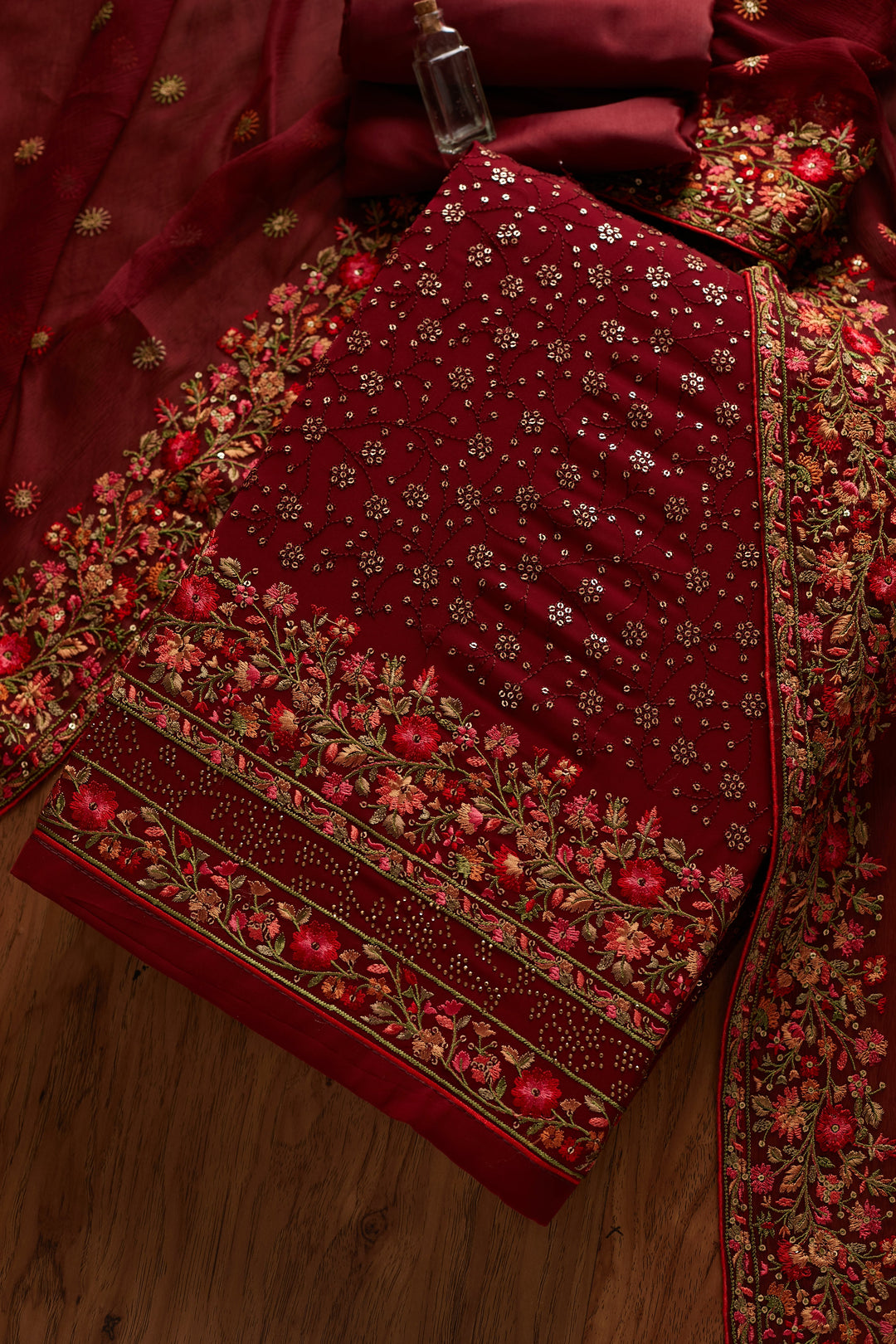Maroon Sequins Georgette Designer Unstitched Salwar Suit - koskii