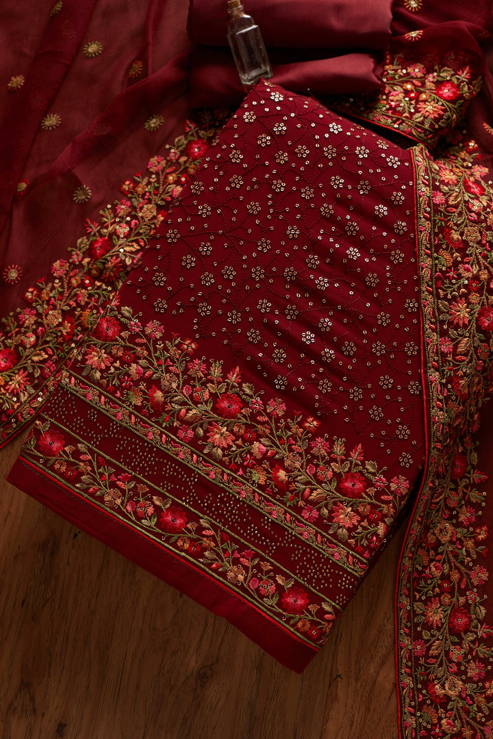 Maroon Sequins Georgette Designer Unstitched Salwar Suit - koskii