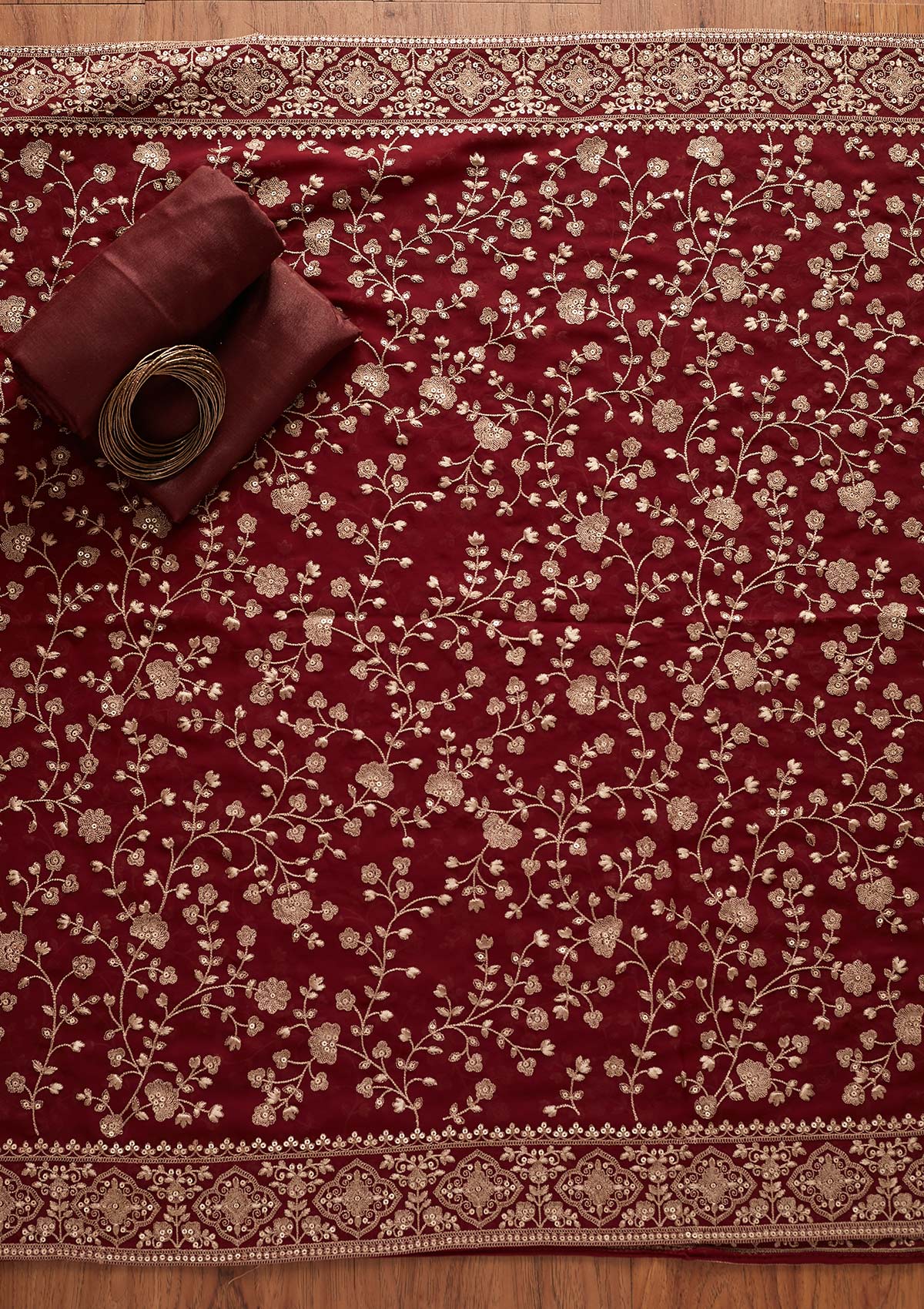 Maroon Sequins Georgette Designer Unstitched Salwar Suit - koskii