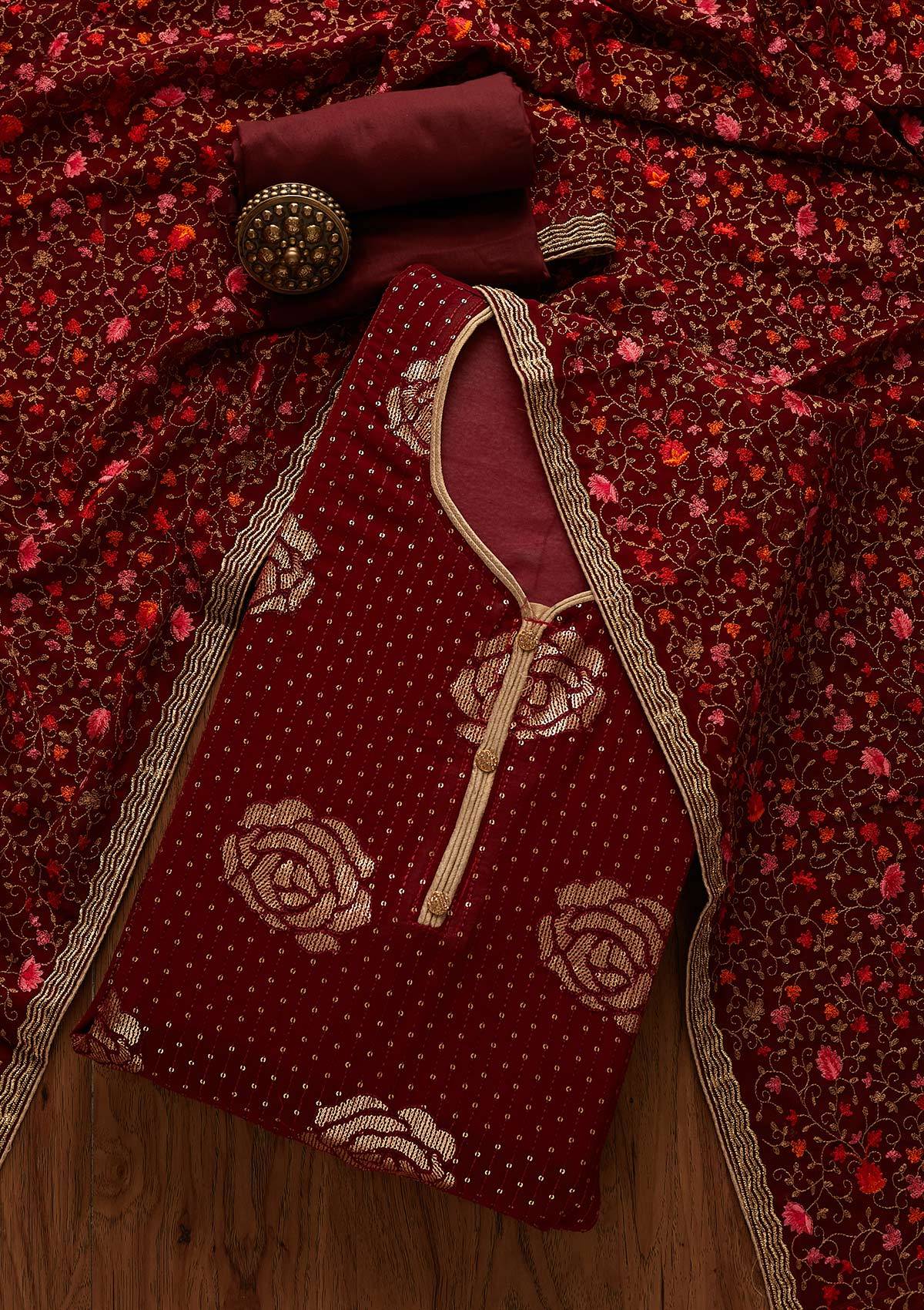 Maroon Sequins Georgette Designer Semi-Stitched Salwar Suit - Koskii