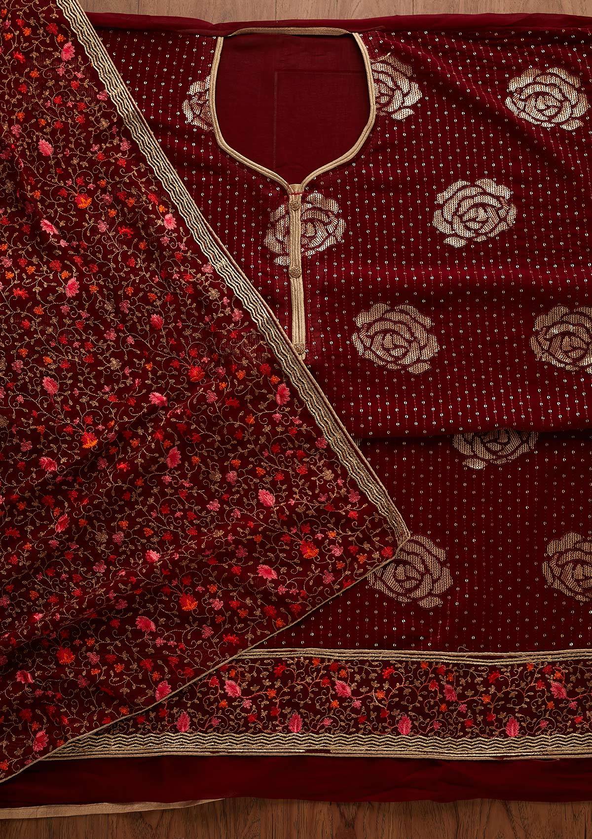 Maroon Sequins Georgette Designer Semi-Stitched Salwar Suit - Koskii