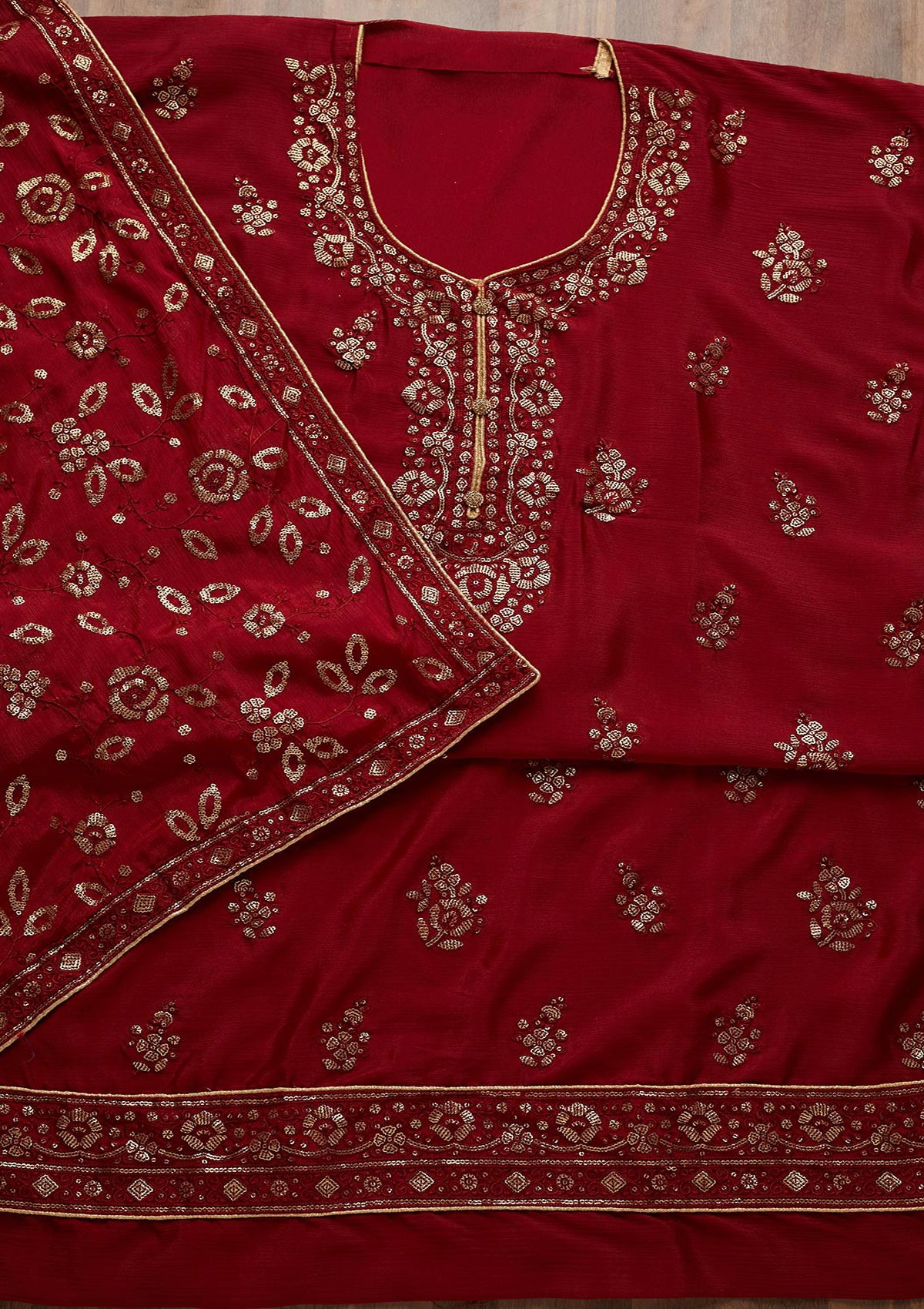 Maroon Sequins Georgette Unstitched Salwar Suit - Koskii