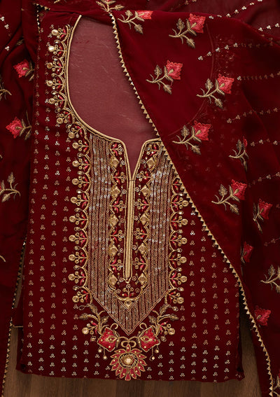 Maroon Sequins Georgette Unstitched Salwar Suit-Koskii