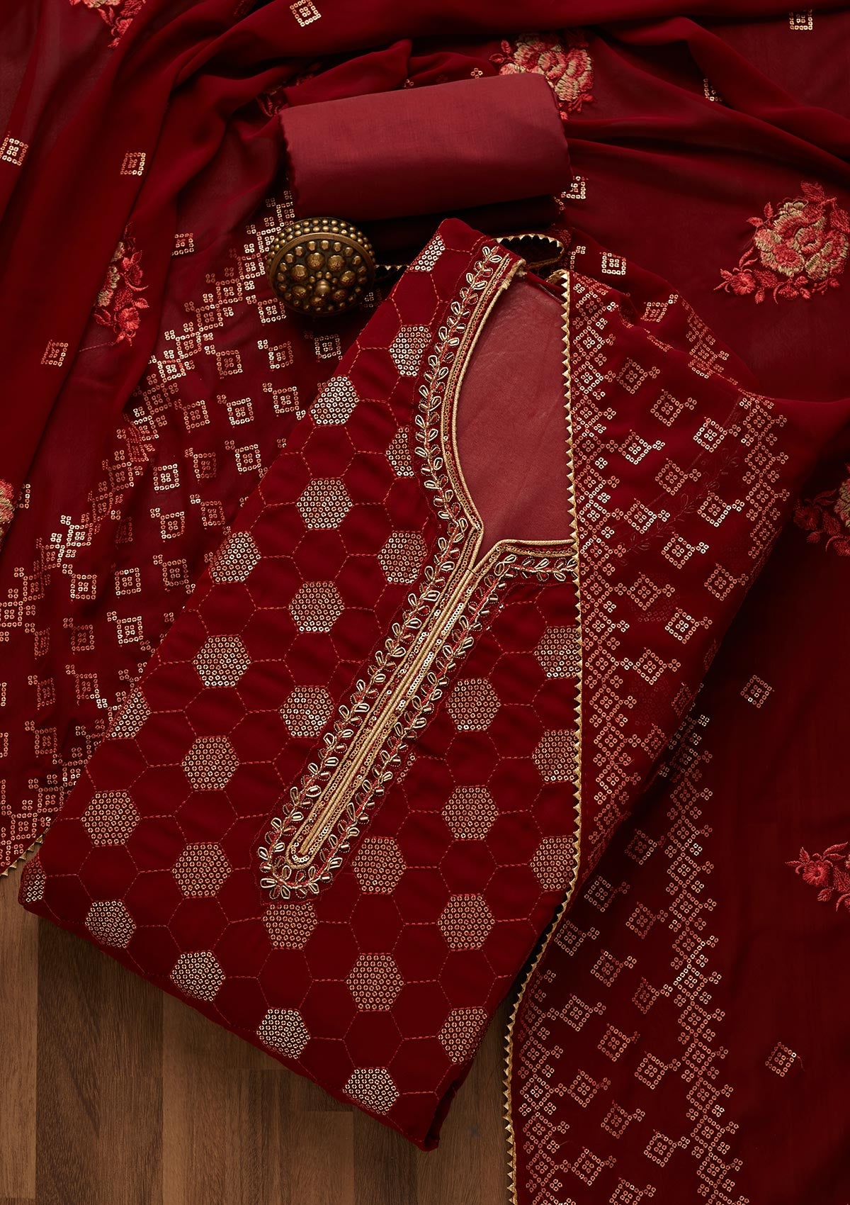 Maroon Sequins Georgette Unstitched Salwar Suit-Koskii