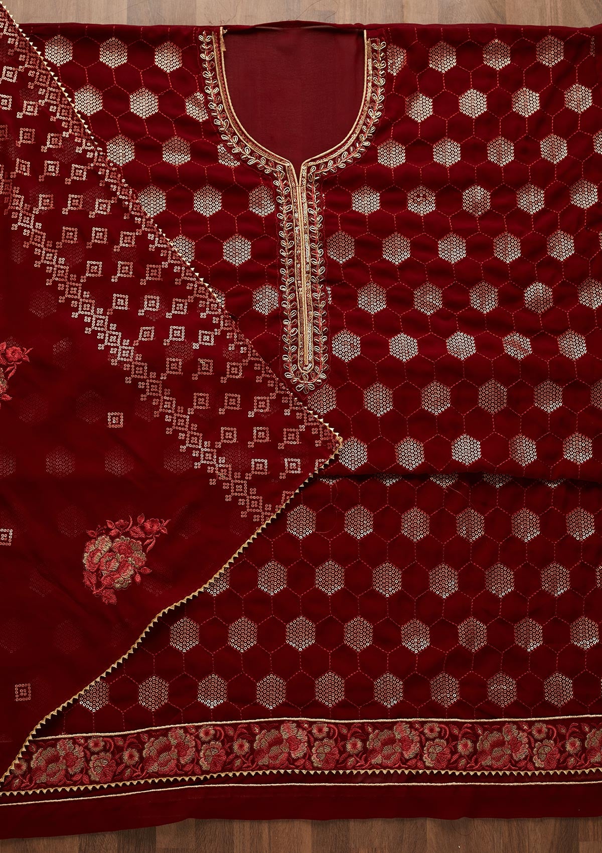 Maroon Sequins Georgette Unstitched Salwar Suit-Koskii